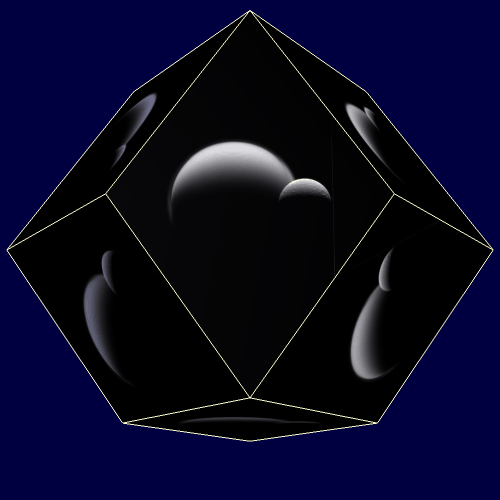 Two Saturnian Moons Adorning a Rhombic Dodecahedron