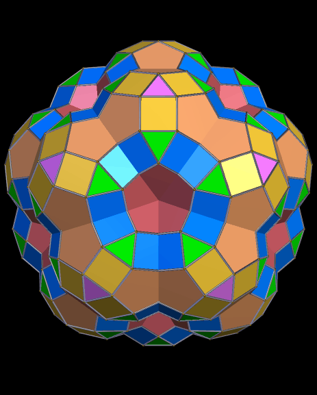 A Central Icosahedron, Augmented with Rhombicosidodecahedra On Each Face