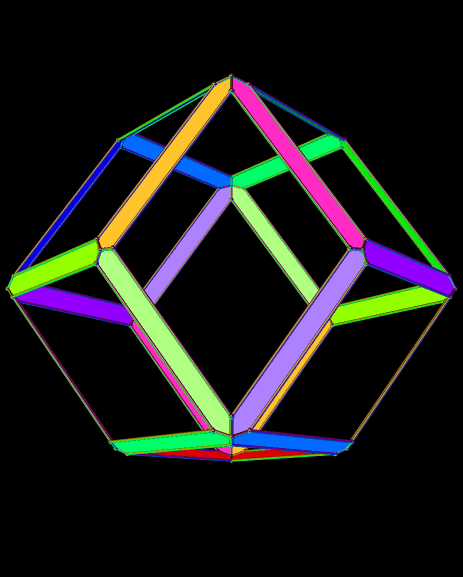 Long, Narrow, Multicolored Hexagons As the Edges of a Rotating, Hollow Rhombic Dodecahedron
