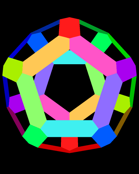 A Rainbow Dodecahedron, Made of Hexagons