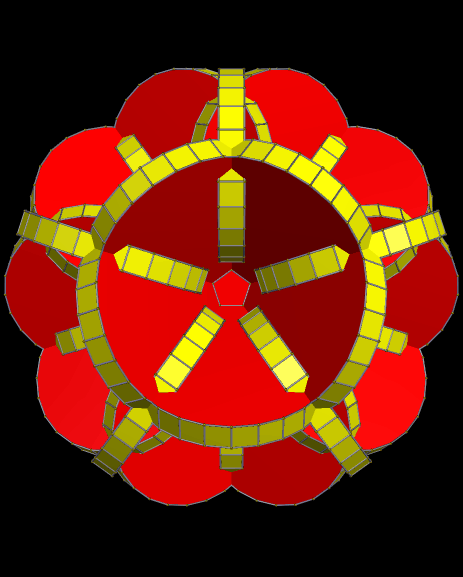 A Rhombicosidodecahedron, Augmented with Thirty Icosagonal Prisms