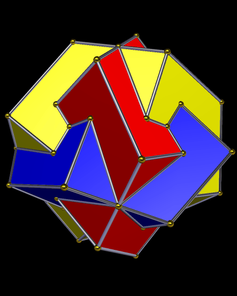 Compound of three polyhedra with eight kite-faces each