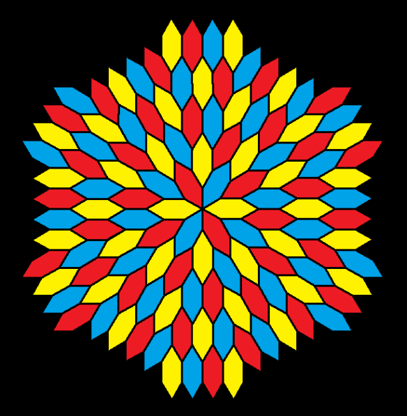 frequency 6 radial tessellation of hexagons without construction lines 3-color version colored by another system