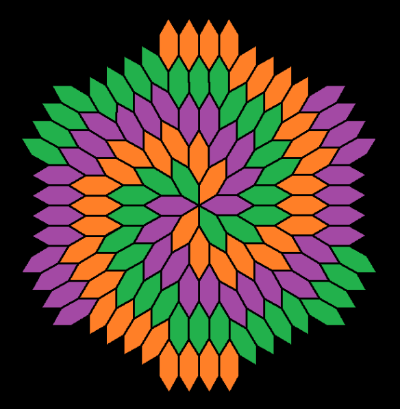 frequency 6 radial tessellation of hexagons without construction lines 3-color