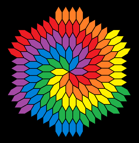 frequency 6 radial tessellation of hexagons without construction lines 6-color