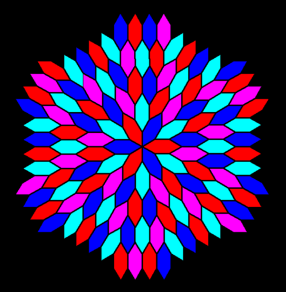 frequency 6 radial tessellation of hexagons without construction lines. four colors version 2png