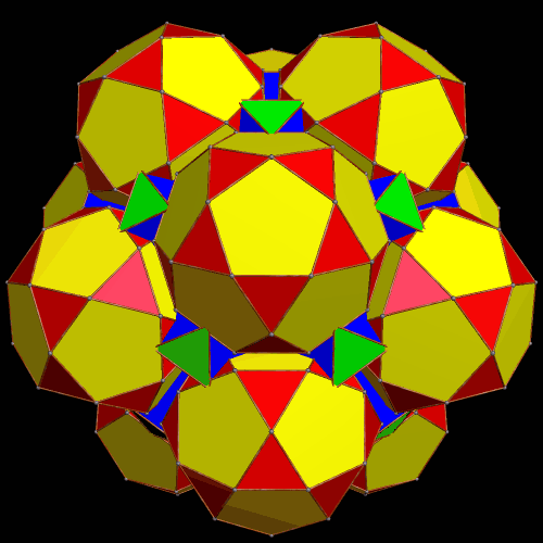Augmented Icosidodeca aug with 20 cuboctas and 12 icosidodecas color scheme two