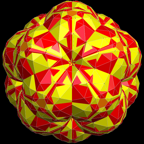Compound of enantiomorphic pair of snub-dodeca-augemented icosahedra colored by chirality