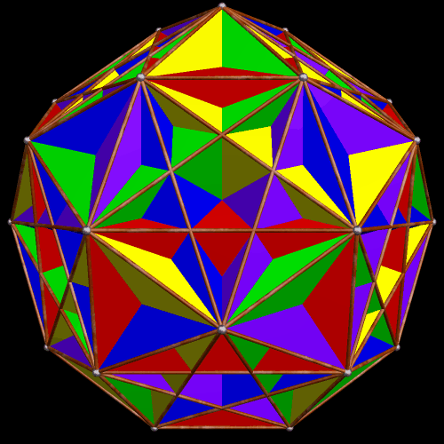 Faceted Icosidodeca compound of 5 cuboids 5 color version