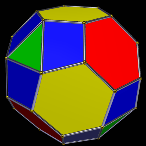 symmetrohedron featuring 10 reg hexagons and 4 eqtriangles and 12 isos traps